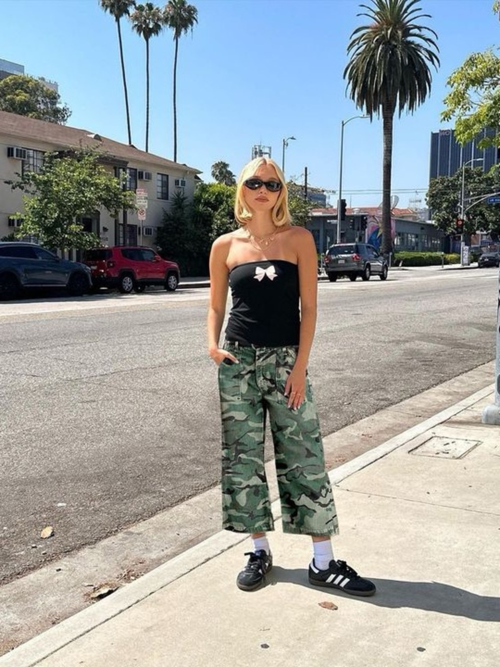 Camo Print Mid Waist Flare Leg Crop Pants Without Belt S PS6-5